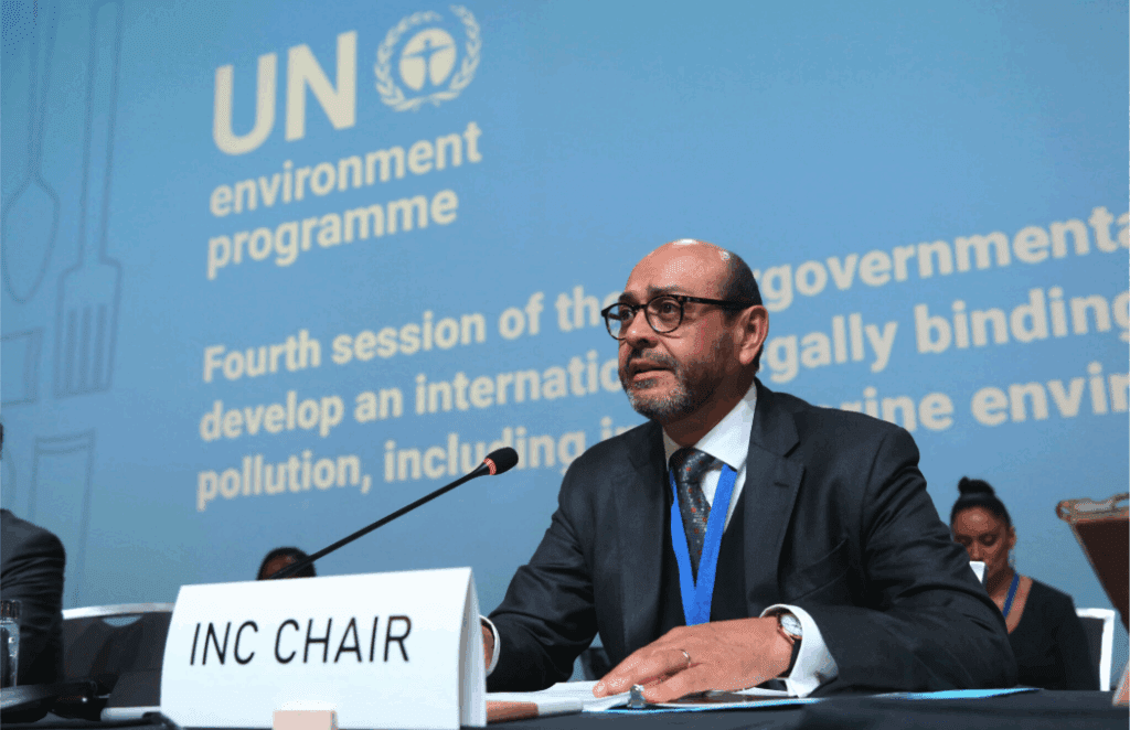 Ecuador Ambassador Luis Vayas Valdivieso speaks during the fourth session of the U.N. Intergovernmental Negotiating Committee (INC4)