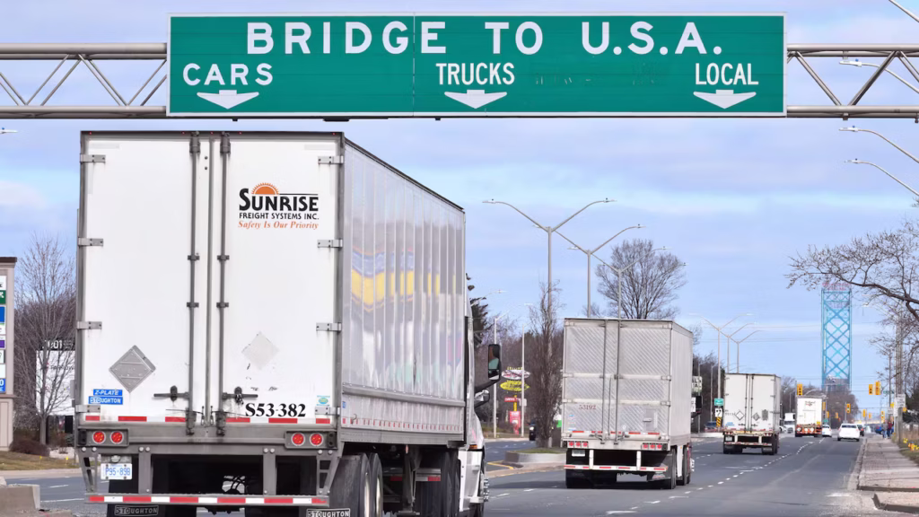 Freight trucks at the Canada US border amid the deepening trade rupture