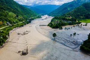 Flood-damaged river valley in Nepal following the Himalayan glacier collapse