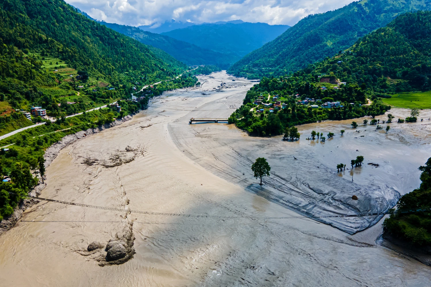 Flood-damaged river valley in Nepal following the Himalayan glacier collapse